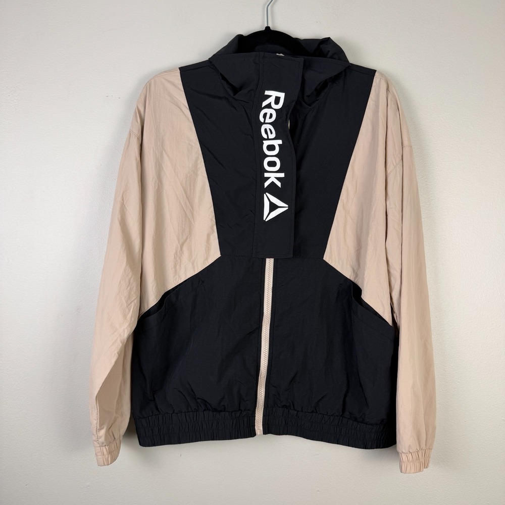 Reebok Windbreaker Running Jacket Women's Medium Black Beige Mesh Lined Full Zip